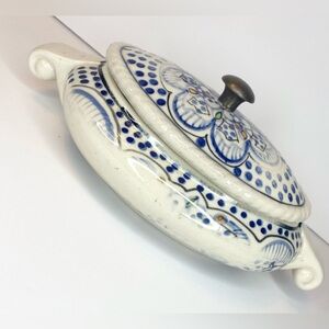 Vintage Pottery Tureen Hand Crafted Delft Lidded Dish Metal Handle Metal